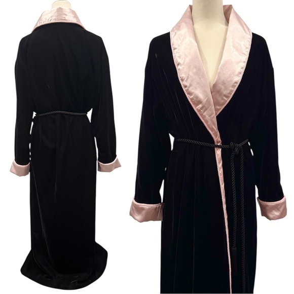 Y2K Victoria’s Secret Velvet Black Pink Satin Vintage Maxi Dressing Gown Robe